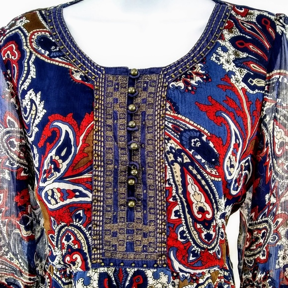 Cha Cha Vente Boho Women's Paisley Lined Tunic Blue and Red 3/4 Sleeves Size Med - Picture 2 of 8